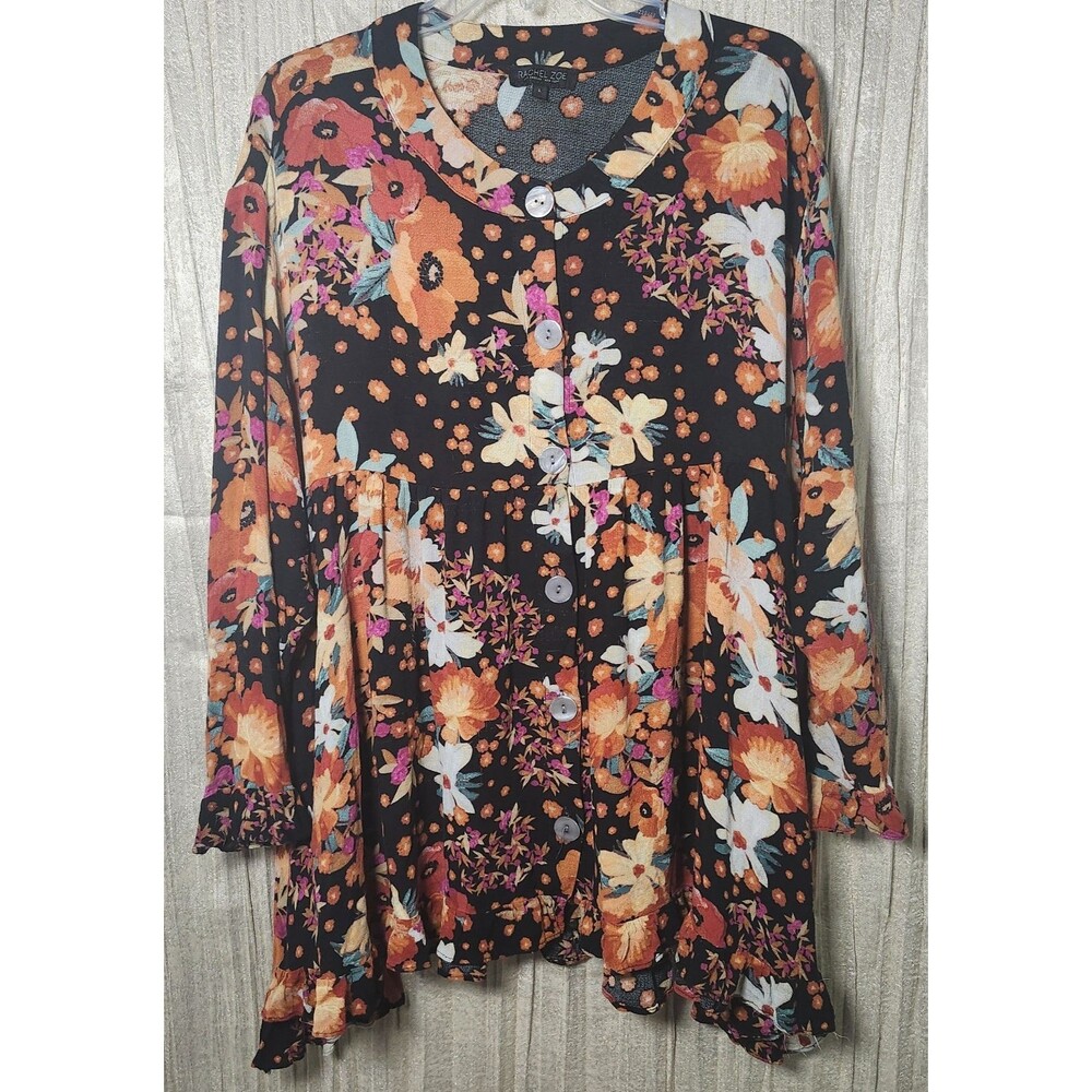 Rachel Zoe Black Orange Floral Babydoll Peasant Top Blouse Tunic L Boho Ruffles